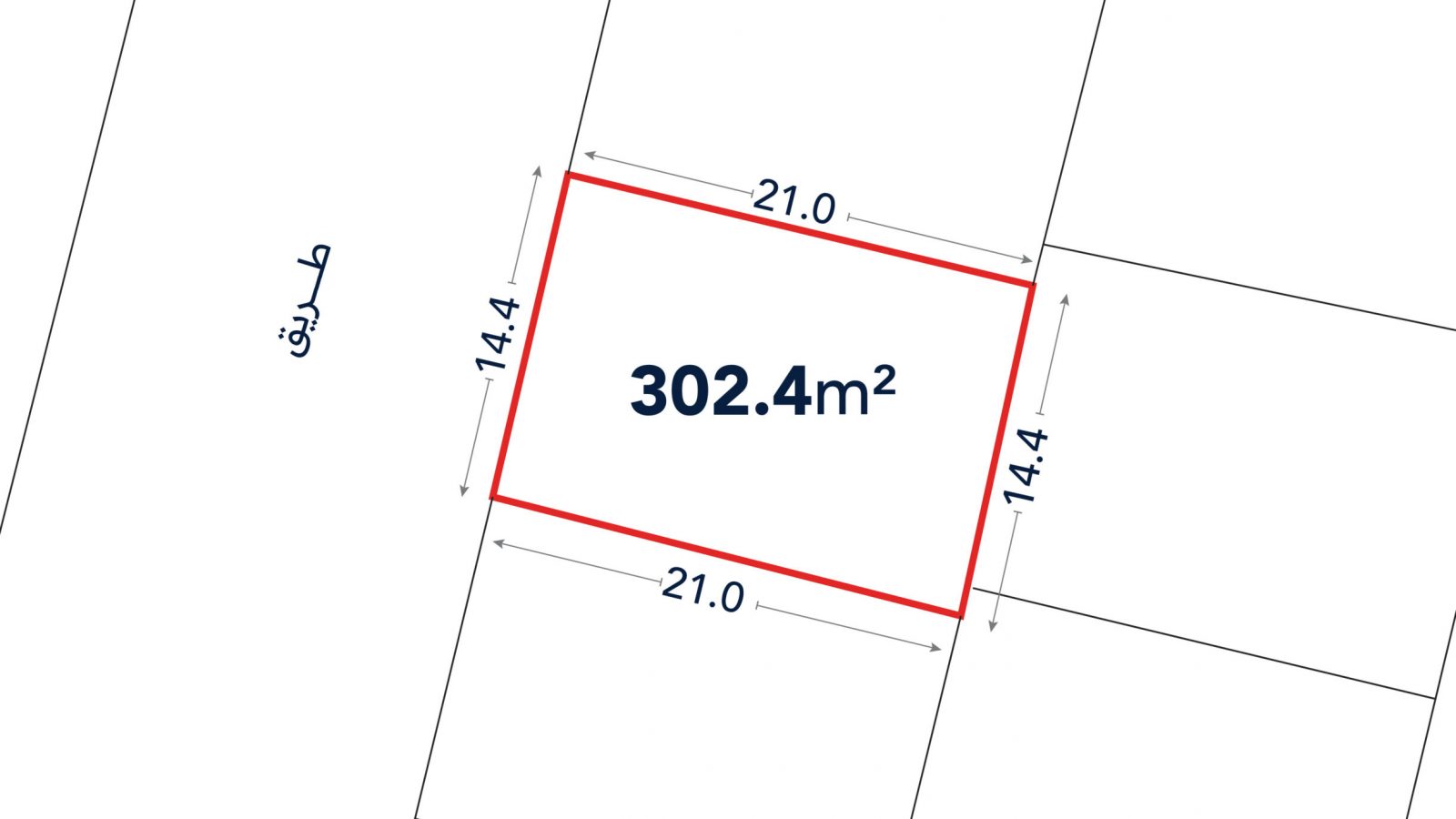 A rectangular plot outlined in red, labeled 302.4 square meters, with side lengths of 21.0 meters and 14.4 meters, adjacent to a street labeled in Arabic.