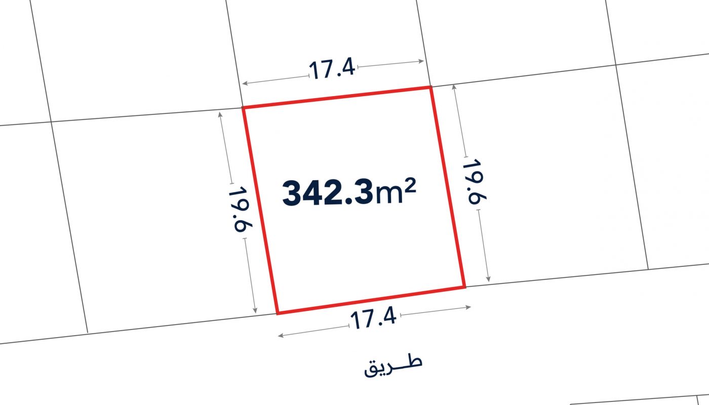 A plot map showing a rectangular lot outlined in red, measuring 342.3 square meters with sides labeled 17.4 meters and 19.6 meters.