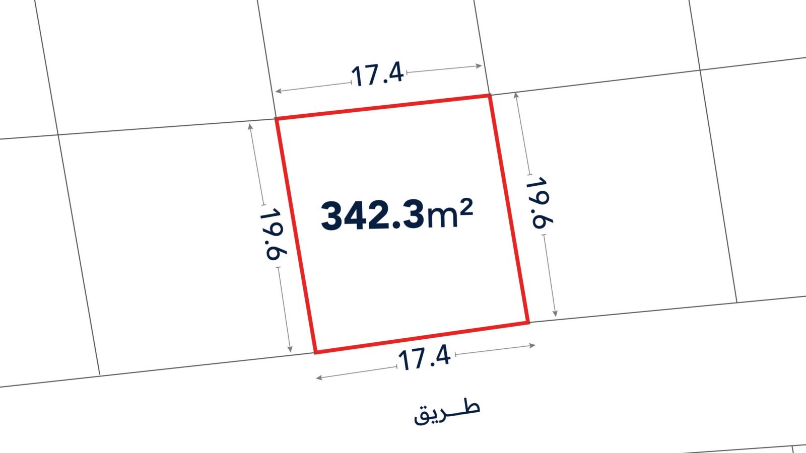 A plot map showing a rectangular lot outlined in red, measuring 342.3 square meters with sides labeled 17.4 meters and 19.6 meters.