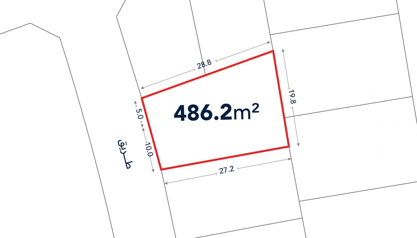Plot map showing a red-outlined land parcel measuring 486.2 square meters, with labeled boundary lengths and adjacent streets.