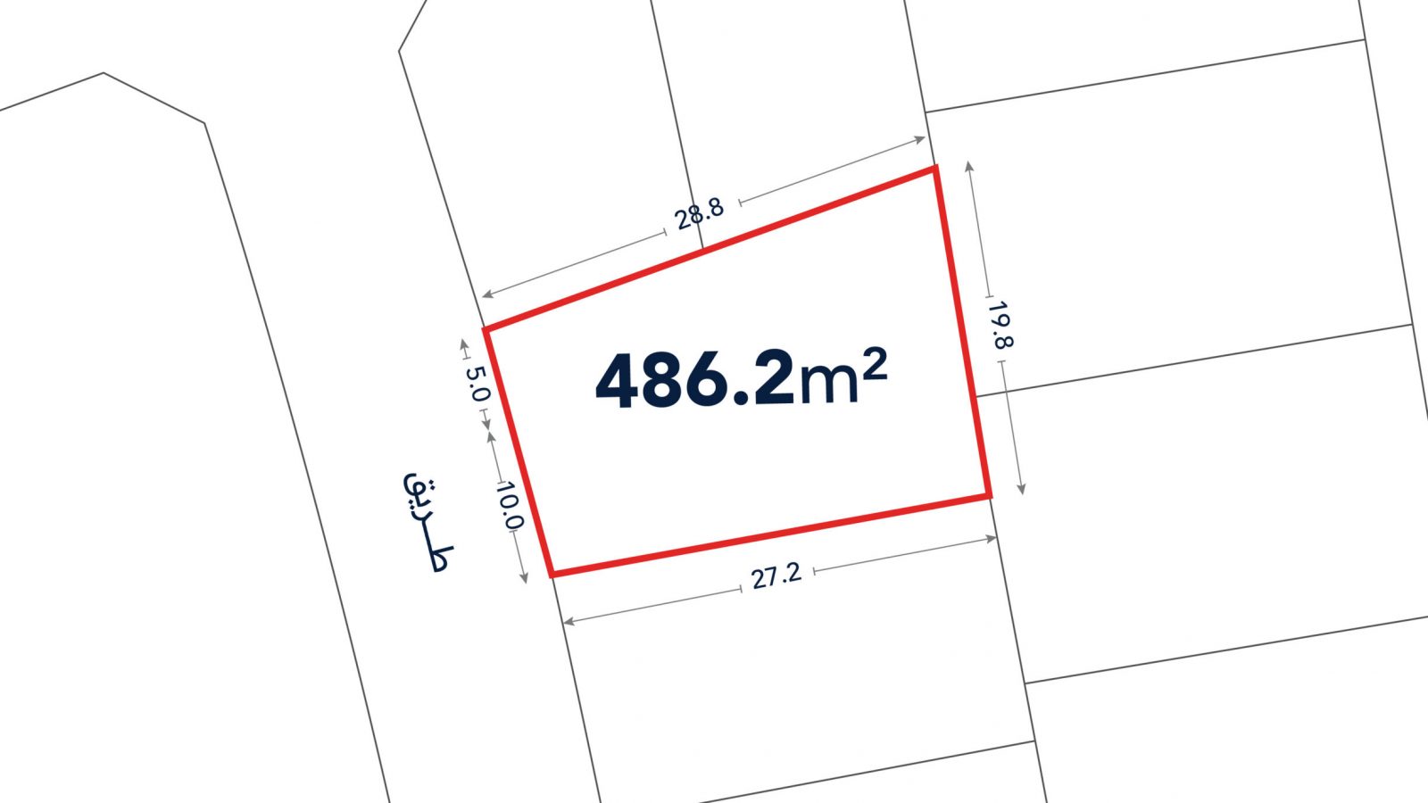 Plot map showing a red-outlined land parcel measuring 486.2 square meters, with labeled boundary lengths and adjacent streets.