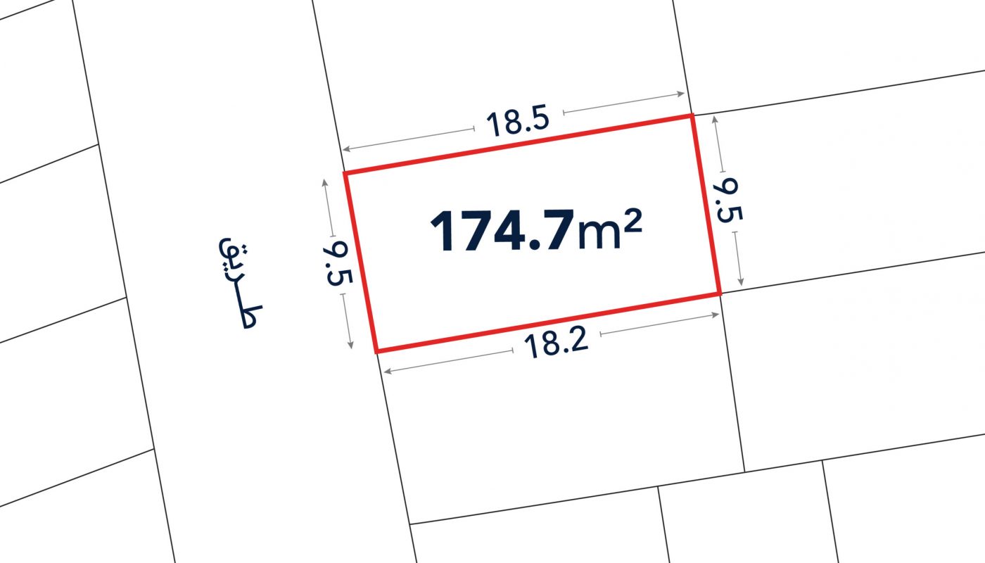 Diagram of a rectangular plot measuring 174.7 square meters, with sides labeled 18.5m, 18.2m, 9.5m, and 9.5m, outlined in red on a map.
