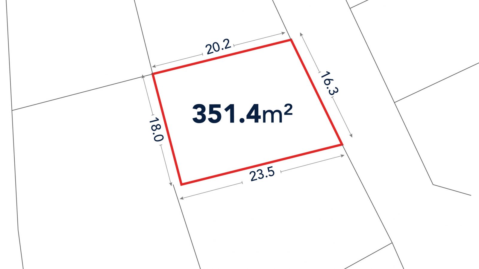 Diagram of a rectangular plot of land measuring 351.4 square meters, with side lengths labeled as 20.2m, 16.3m, 18.0m, and 23.5m.
