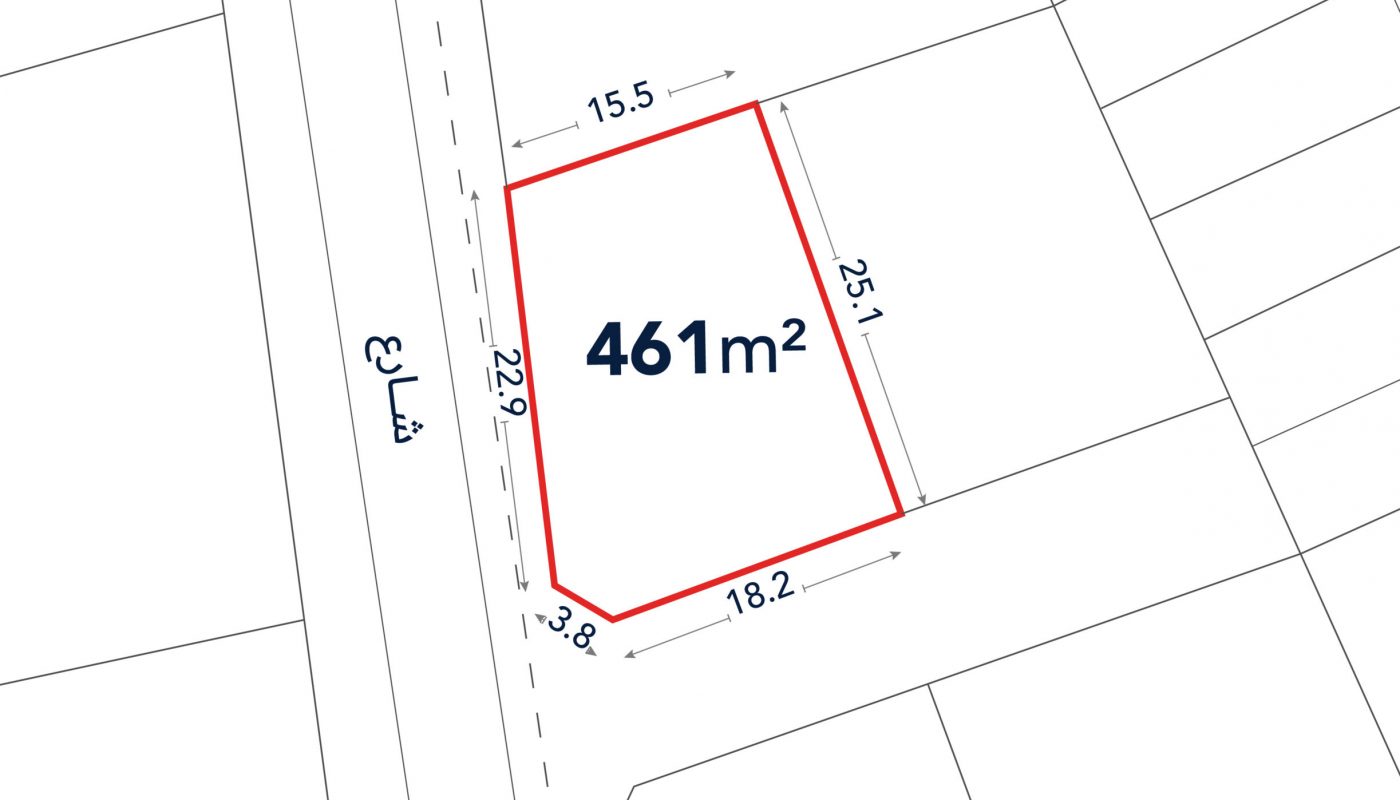 A plot of land outlined in red, labeled 461 m², with side lengths marked as 15.5m, 25.1m, 18.2m, 3.8m, and 22.9m, adjacent to a street labeled in Arabic.