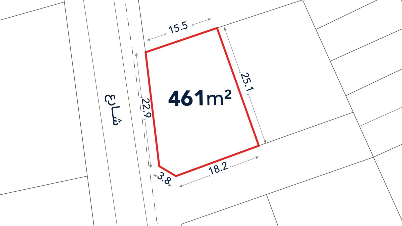 A plot of land outlined in red, labeled 461 m², with side lengths marked as 15.5m, 25.1m, 18.2m, 3.8m, and 22.9m, adjacent to a street labeled in Arabic.