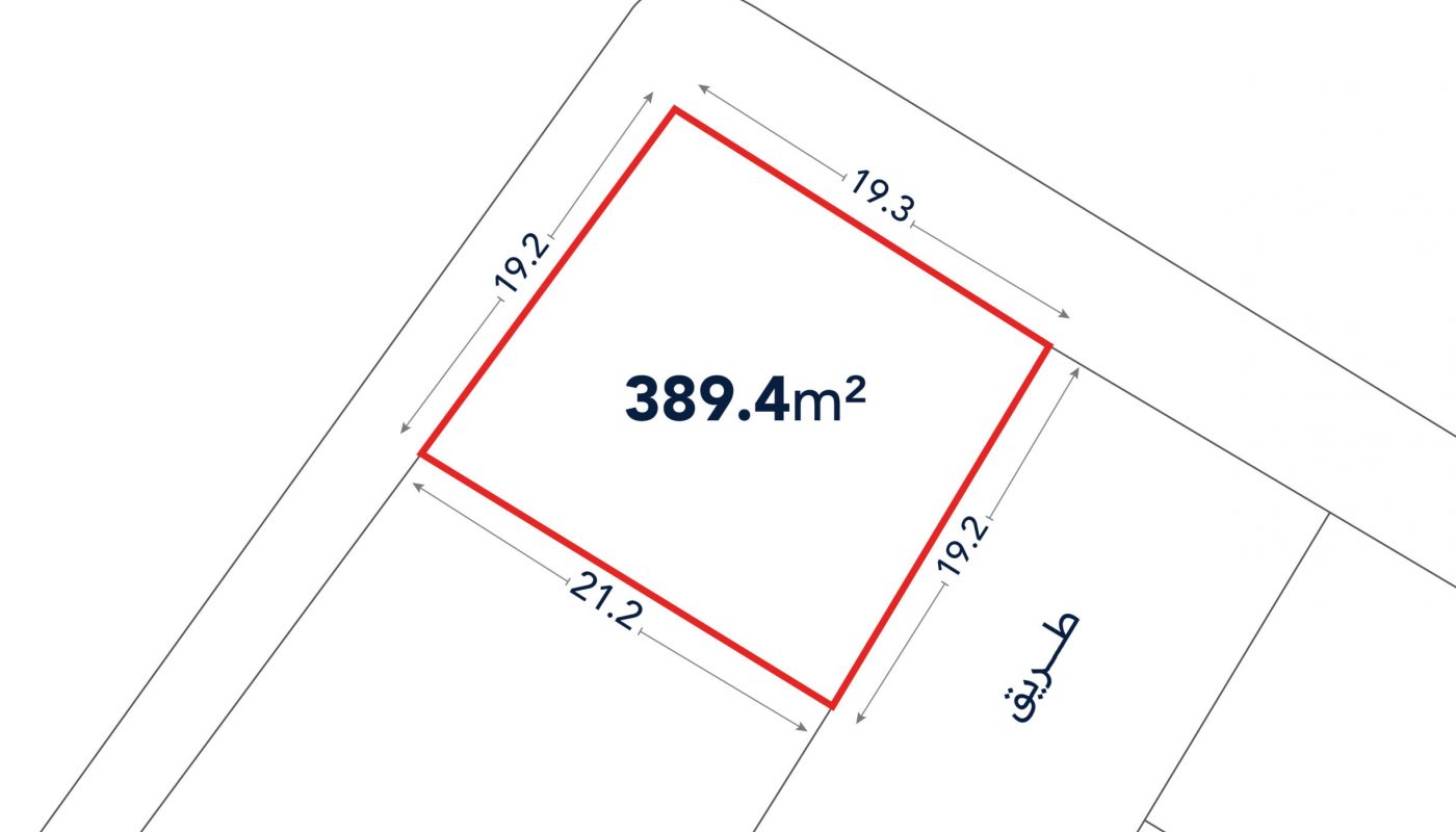 A plot of land outlined in red, labeled 389.4 m², with side lengths 19.2m, 19.3m, and 21.2m, shown on a site map with adjacent roads and plots.