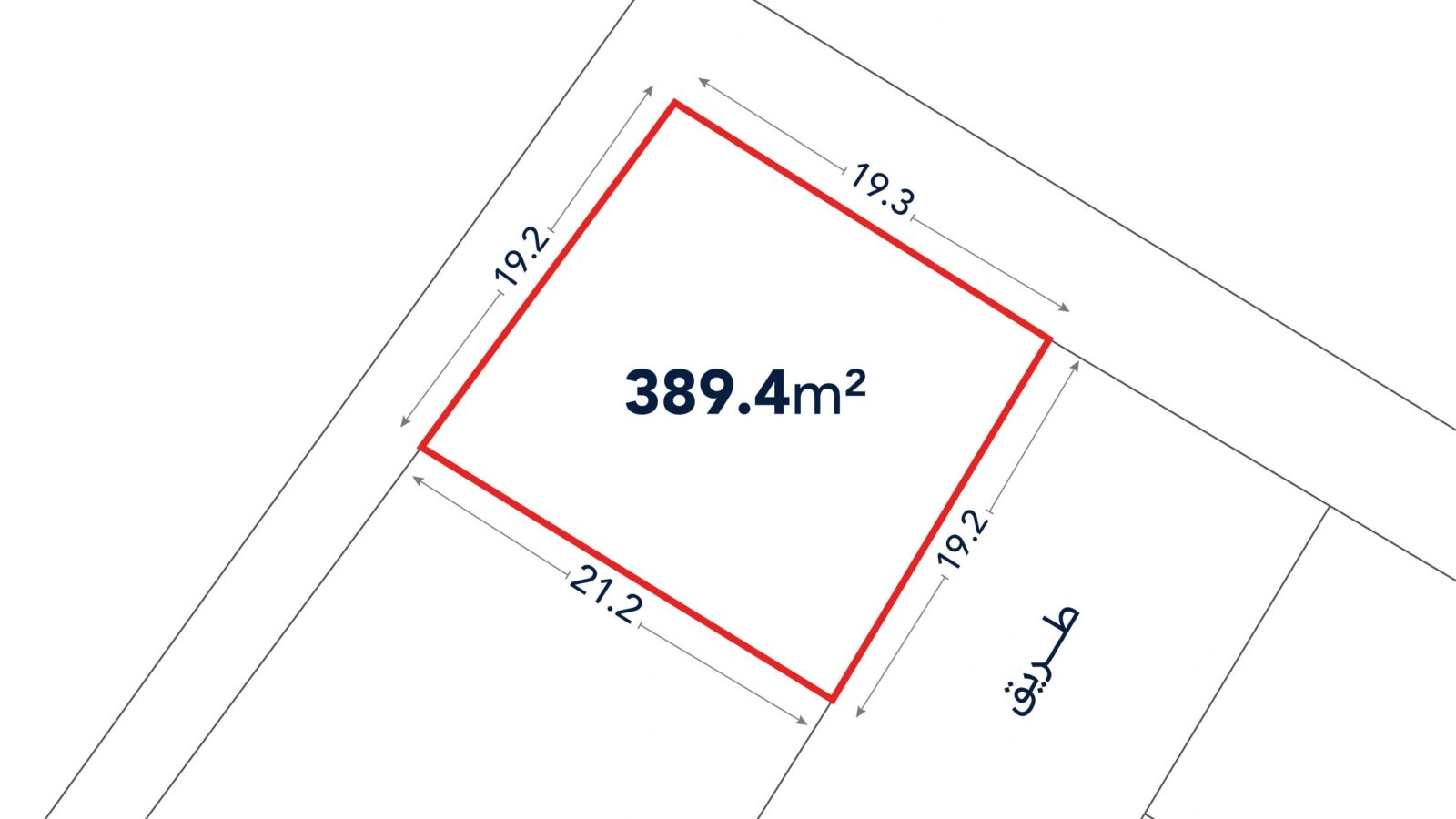 A plot of land outlined in red, labeled 389.4 m², with side lengths 19.2m, 19.3m, and 21.2m, shown on a site map with adjacent roads and plots.