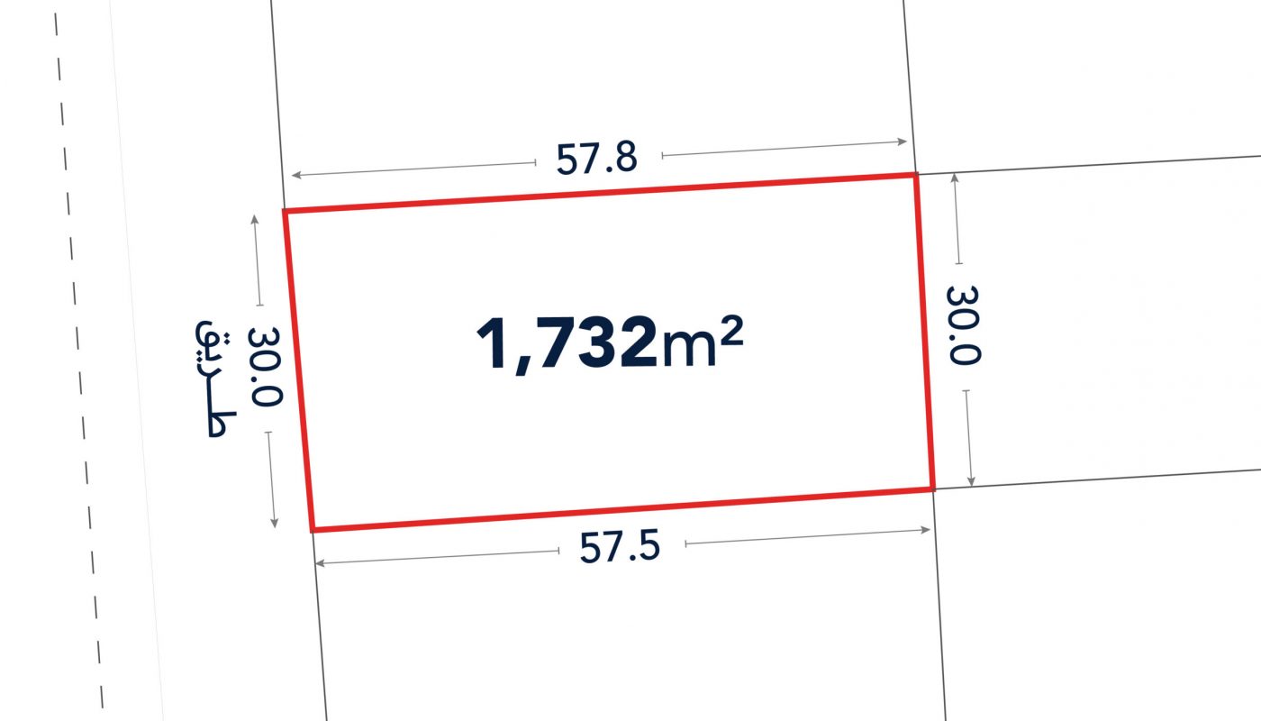 Rectangular plot outlined in red, labeled 1,732 square meters, with widths of 57.8 and 57.5 meters and heights of 30.0 meters on both sides.