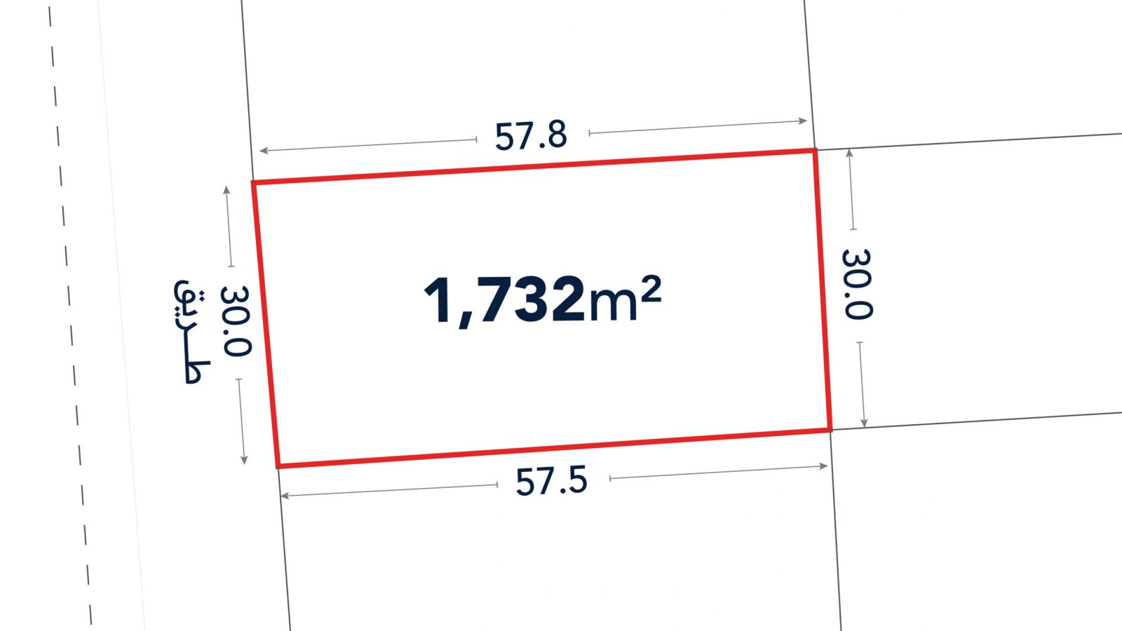 Rectangular plot outlined in red, labeled 1,732 square meters, with widths of 57.8 and 57.5 meters and heights of 30.0 meters on both sides.