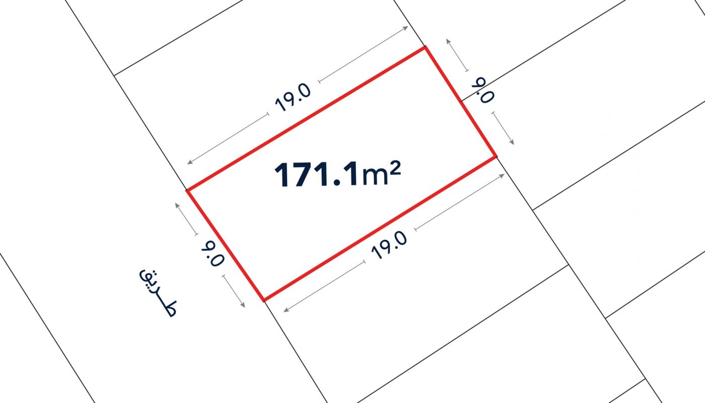 Rectangular lot outlined in red, labeled 171.1 m², with dimensions 19.0 meters by 9.0 meters, shown among adjacent lots on a simple plot map.