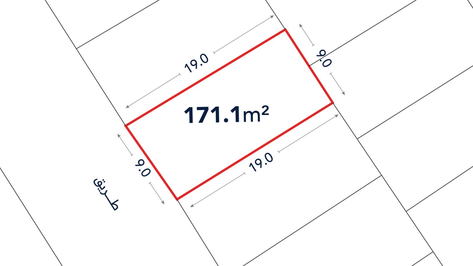 Rectangular lot outlined in red, labeled 171.1 m², with dimensions 19.0 meters by 9.0 meters, shown among adjacent lots on a simple plot map.