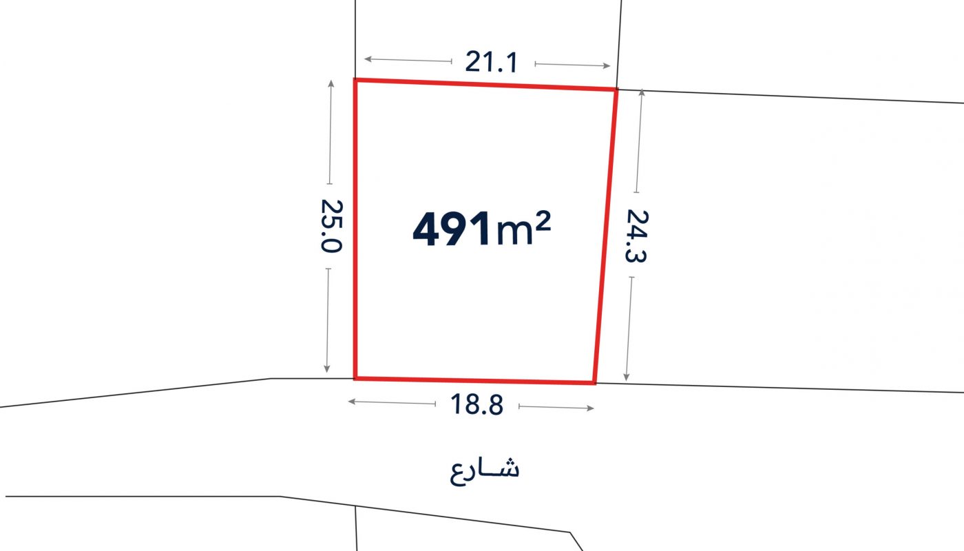 Plot diagram showing a 491m² land parcel outlined in red with labeled side lengths: 21.1m, 25.0m, 24.3m, and 18.8m, bordered by a street on one side.