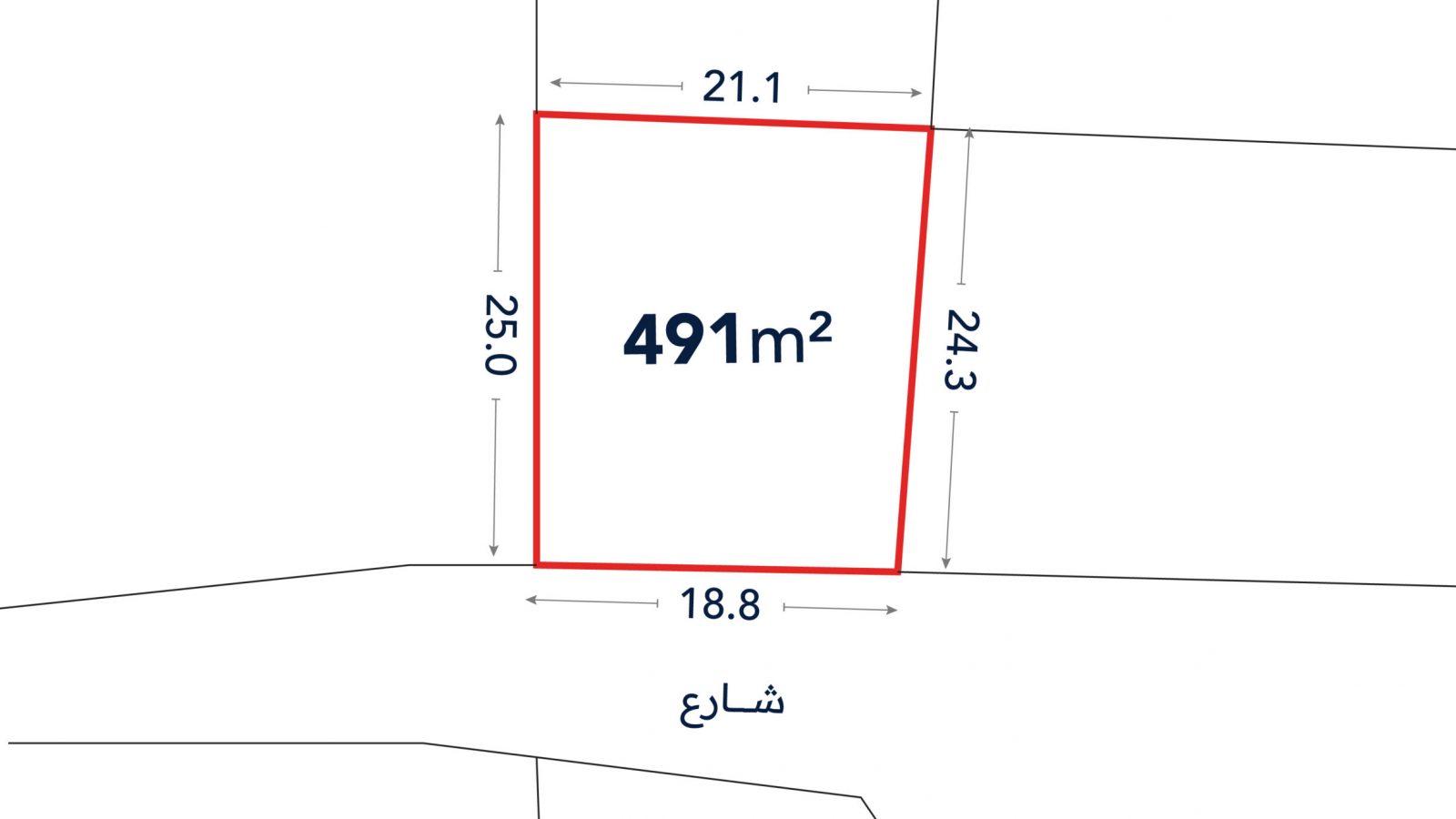 Plot diagram showing a 491m² land parcel outlined in red with labeled side lengths: 21.1m, 25.0m, 24.3m, and 18.8m, bordered by a street on one side.