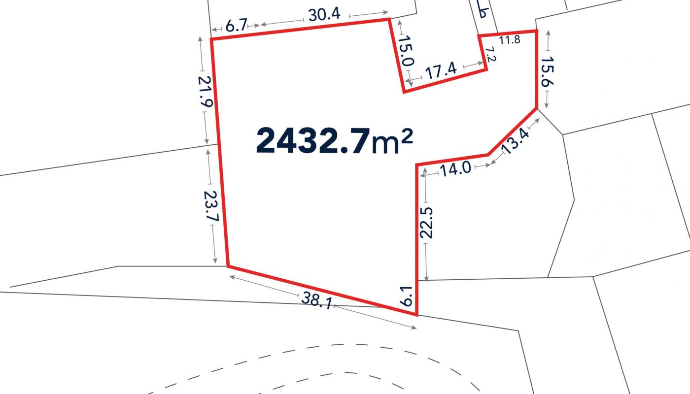Site plan showing a plot of land outlined in red with labeled boundary lengths and a total area of 2432.7 square meters marked in the center.