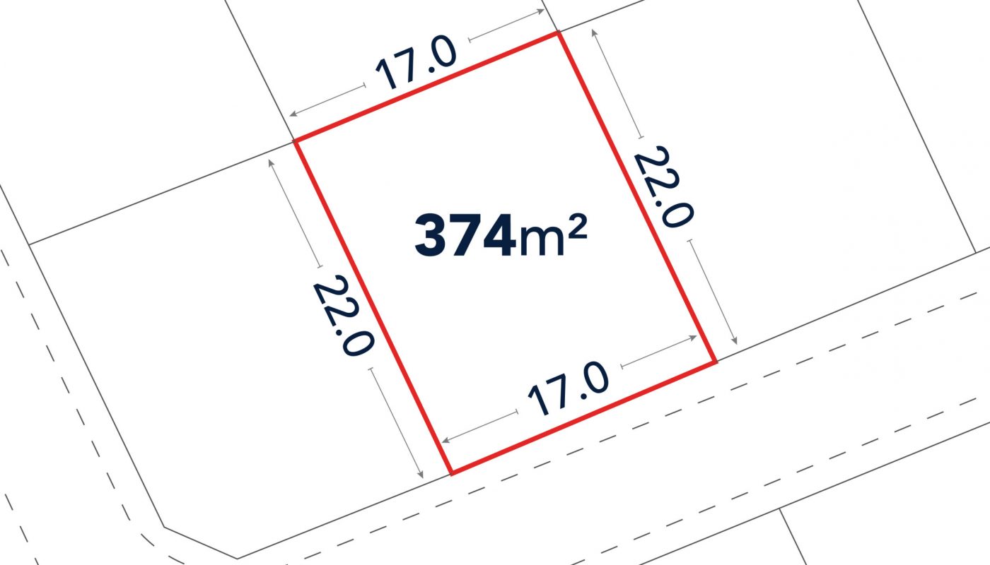 A rectangular plot outlined in red with labeled dimensions: 17.0m by 22.0m, totaling 374 square meters, shown on a street corner layout.