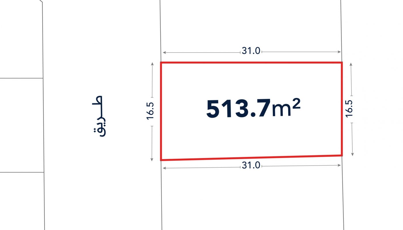 A rectangular plot marked 513.7 square meters with dimensions 31.0 meters by 16.5 meters, adjacent to a road labeled in Arabic.