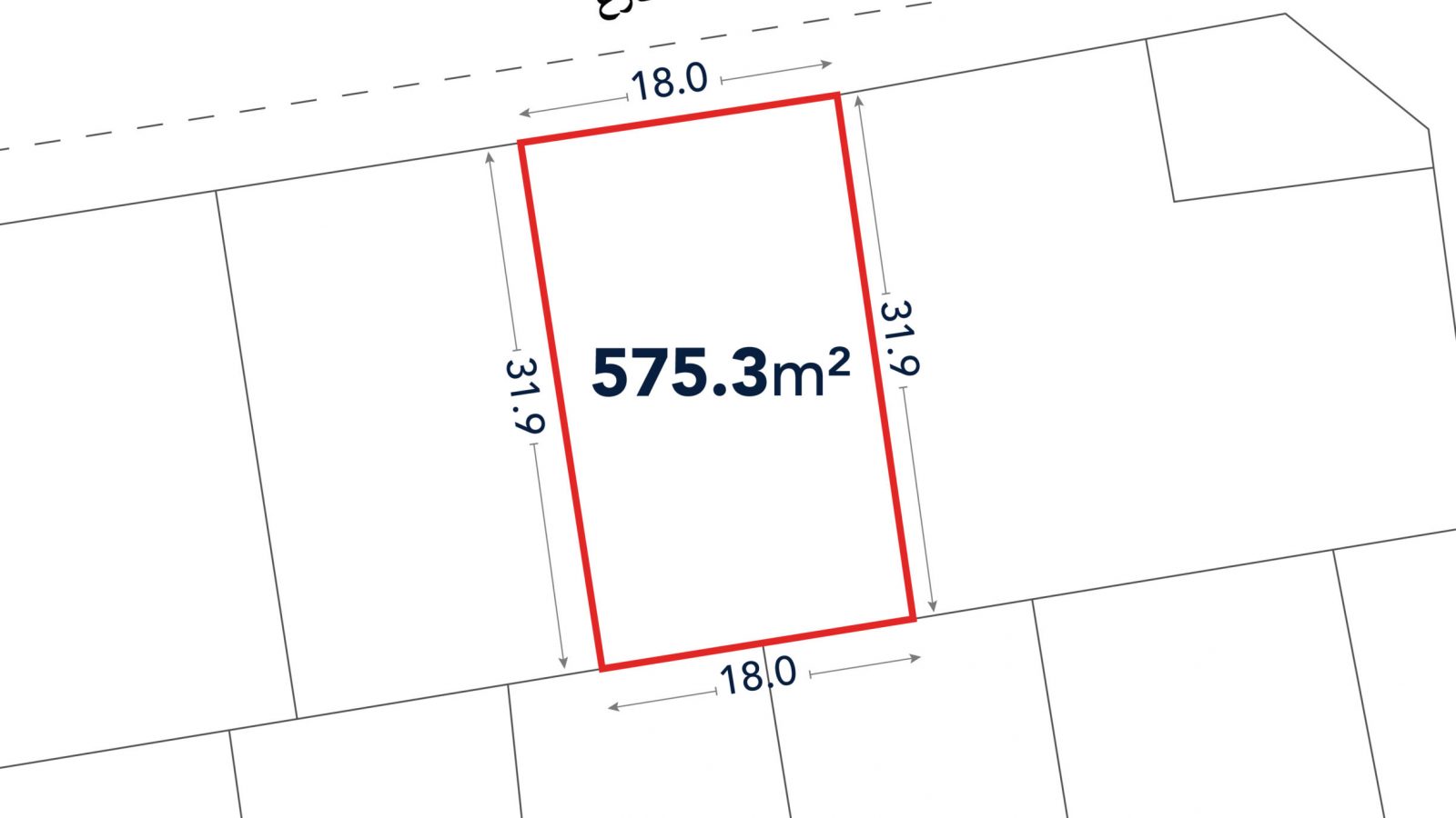 A plot of land outlined in red measures 575.3 square meters, with dimensions of 18.0m width and 31.9m depth, adjacent to a street labeled in Arabic.
