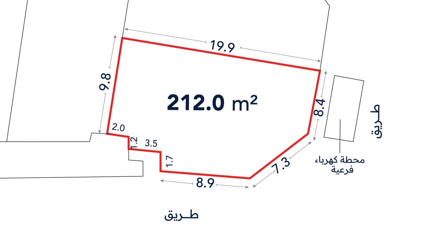 A plot of land outlined in red with an area of 212.0 m², showing dimensions on each side in meters and labeled streets in Arabic.