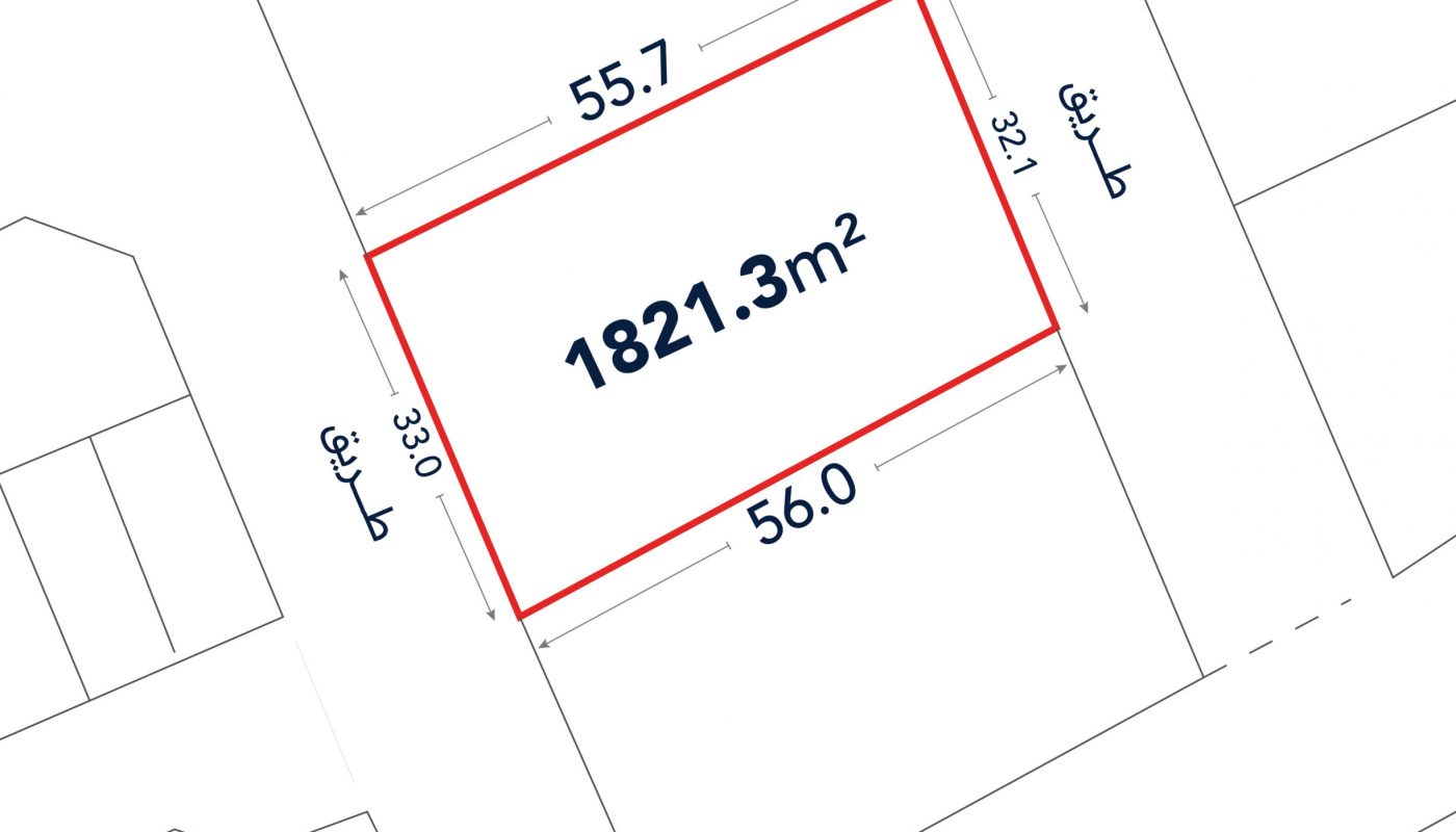 A rectangular plot outlined in red, labeled 1821.3 m², with dimensions 55.7 m, 56.0 m, 33.0 m, and 32.1 m, shown on a lot plan.