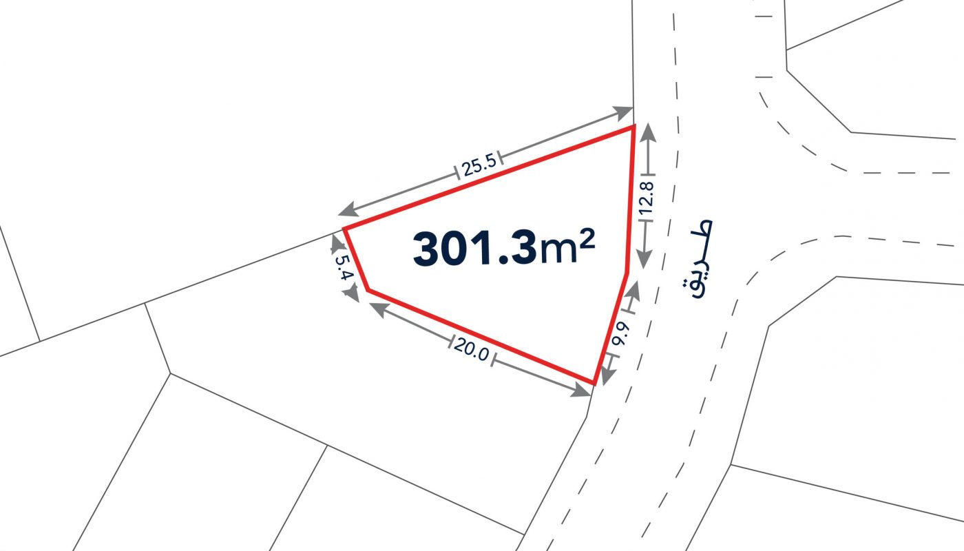 A triangular plot of land outlined in red, labeled 301.3 m², with side measurements 12.00 m, 12.51 m, and 15.41 m, adjacent to curved roads.