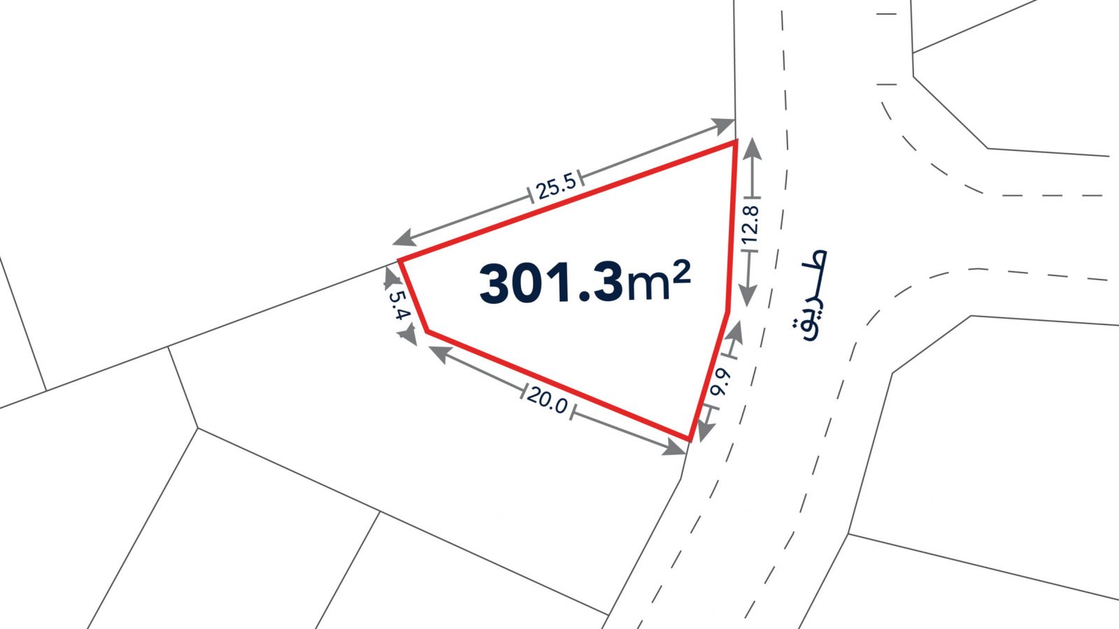 A triangular plot of land outlined in red, labeled 301.3 m², with side measurements 12.00 m, 12.51 m, and 15.41 m, adjacent to curved roads.