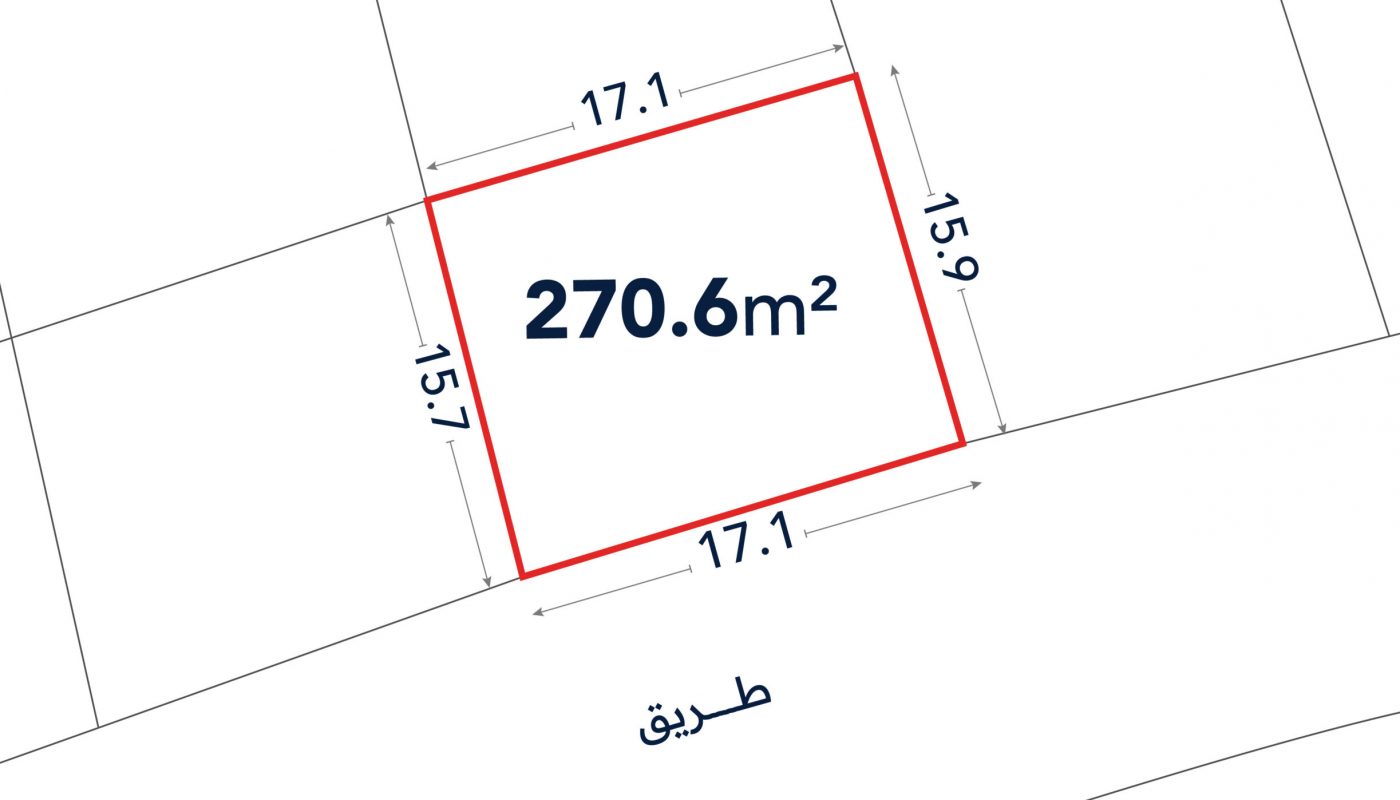A rectangular plot outlined in red measuring 270.6 square meters, with side lengths labeled as 17.1m, 15.9m, 17.1m, and 15.7m, adjacent to a street labeled in Arabic.