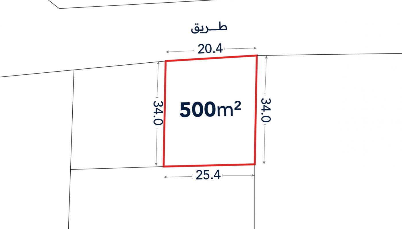 A square plot outlined in red, labeled 500 m², with sides measuring 20.4 m and 25.4 m along the road, and 34.0 m each on the other sides.