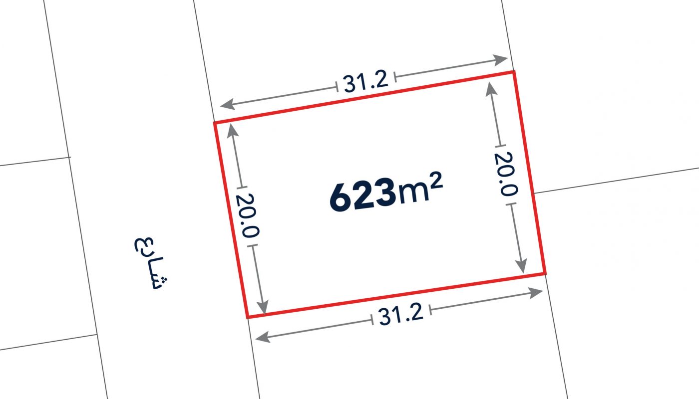 Diagram of a rectangular plot measuring 623 square meters, with dimensions labeled 31.2 meters by 20.0 meters, bordered by a street on one side.