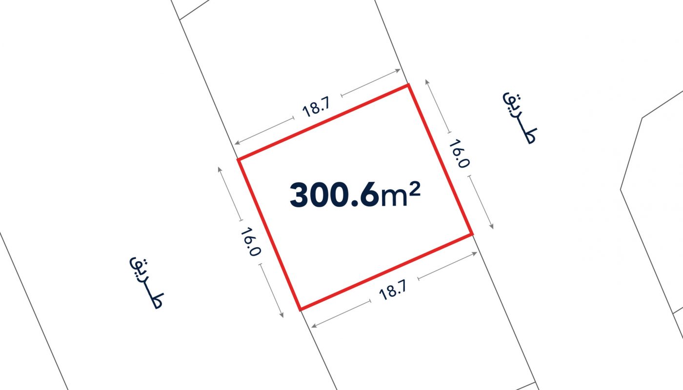 A plot plan showing a rectangular lot outlined in red, labeled 300.6 m², with side lengths 18.7 m and 16.0 m marked on each boundary.