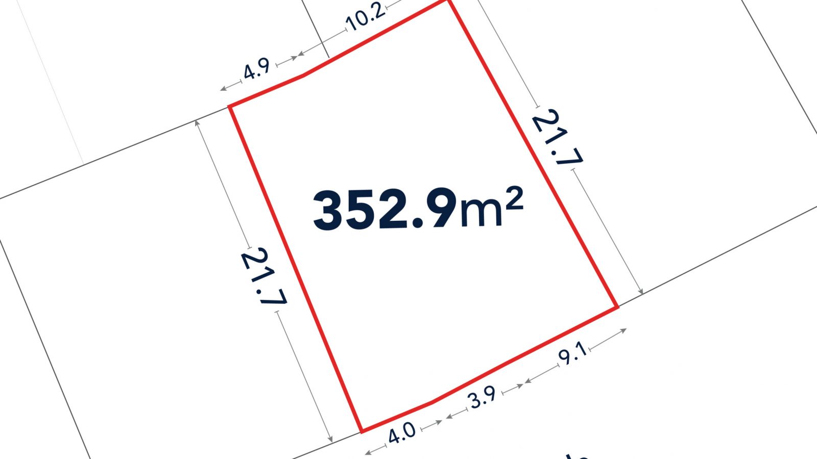 A plot of land outlined in red with a labeled area of 352.9 square meters and dimensions of each side in meters; Arabic text indicates the adjacent road.