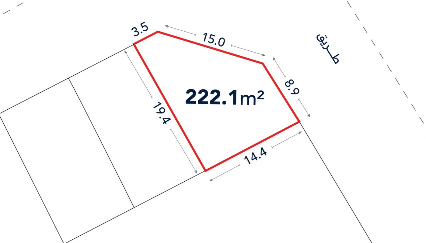 Diagram of a land plot outlined in red, labeled 222.1 m², with boundary lengths of 3.5, 15.0, 8.9, 14.4, and 19.4 meters, adjacent to two labeled streets.