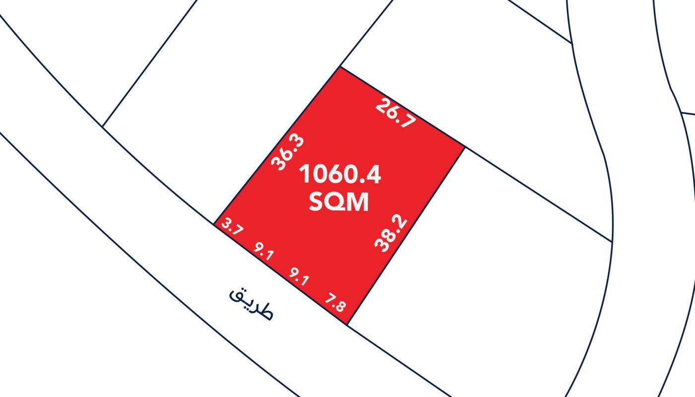A map showing a red rectangular land plot labeled "1060.4 SQM" with side lengths in meters, bordered by a curved road labeled in Arabic.