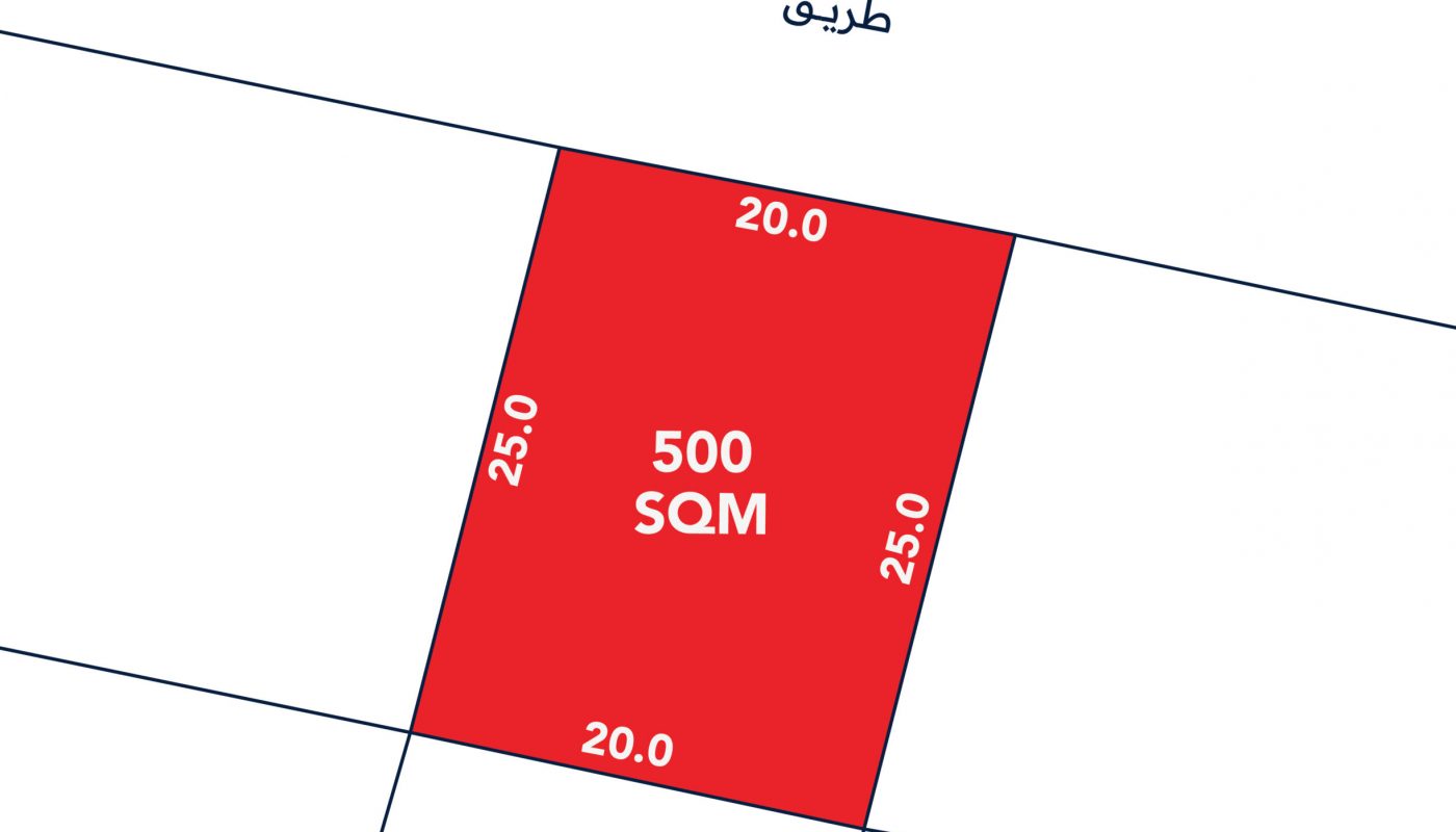 A rectangular red plot labeled "500 SQM" with dimensions 20x25 meters, bordered by a road labeled in Arabic at the top.