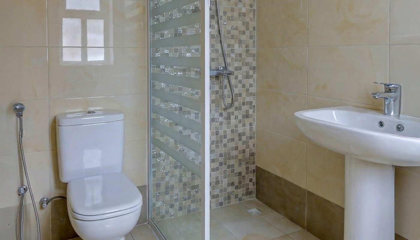 Modern bathroom with a toilet, bidet spray, pedestal sink, and a glass-enclosed shower with mosaic tile accent wall.