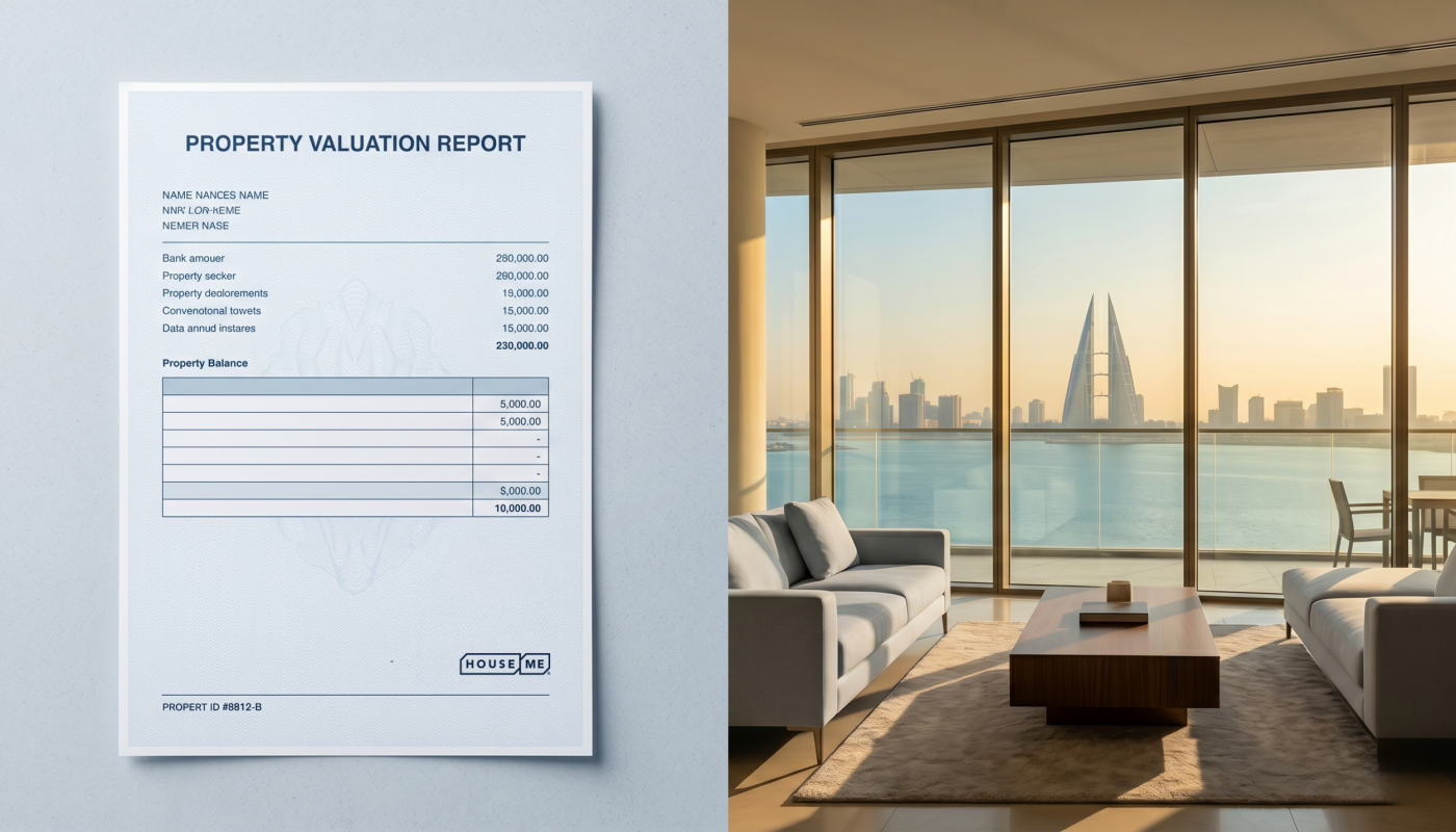 A property valuation report—featuring Valuation Comparison—is displayed on the left, while the right side shows a modern living room with large windows overlooking a city skyline and water.