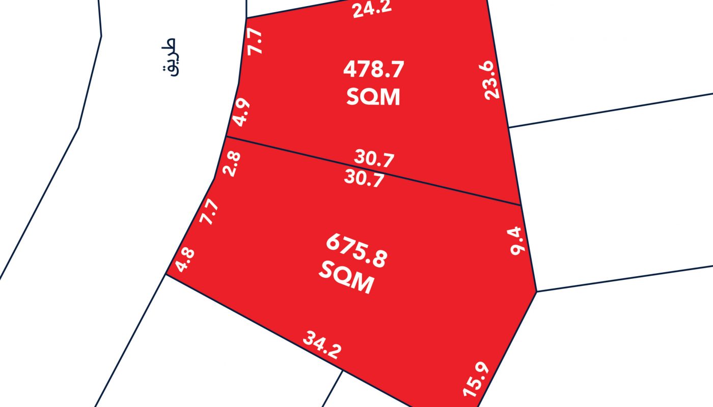 A map showing two adjacent land plots labeled 478.7 SQM and 675.8 SQM, with boundary lengths marked in meters and a road labeled on the left.