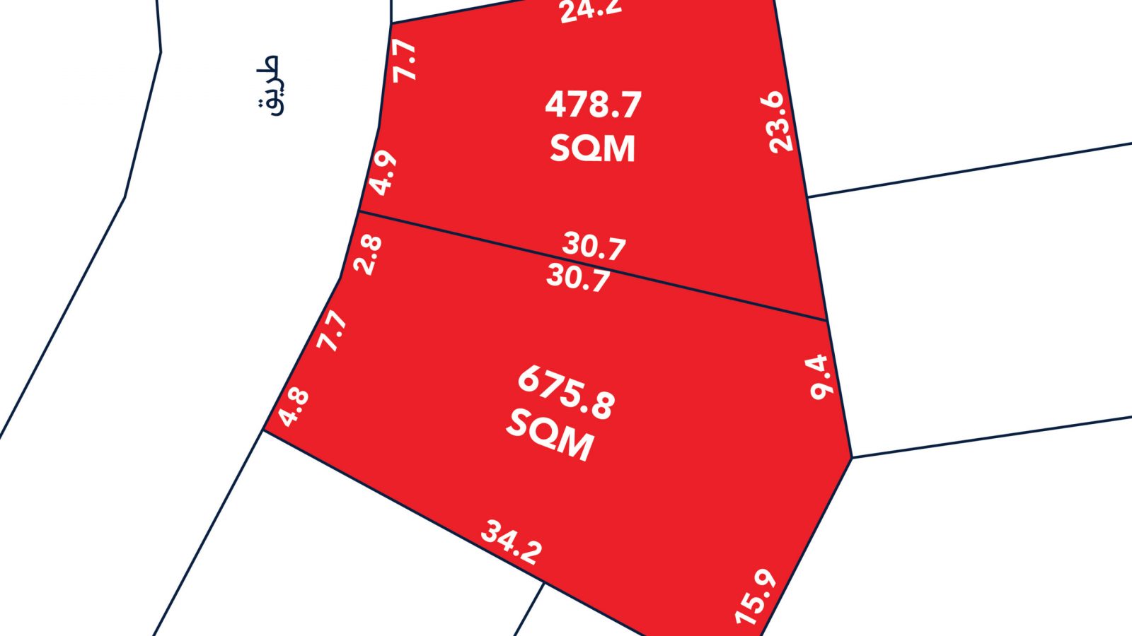 A map showing two adjacent land plots labeled 478.7 SQM and 675.8 SQM, with boundary lengths marked in meters and a road labeled on the left.