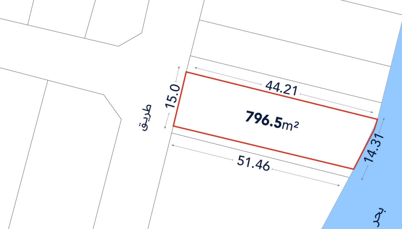 A land plot outlined in red, labeled 796.5 m², with dimensions 44.21m, 51.46m, 15.0m, and 14.31m, bordered by a road and water.