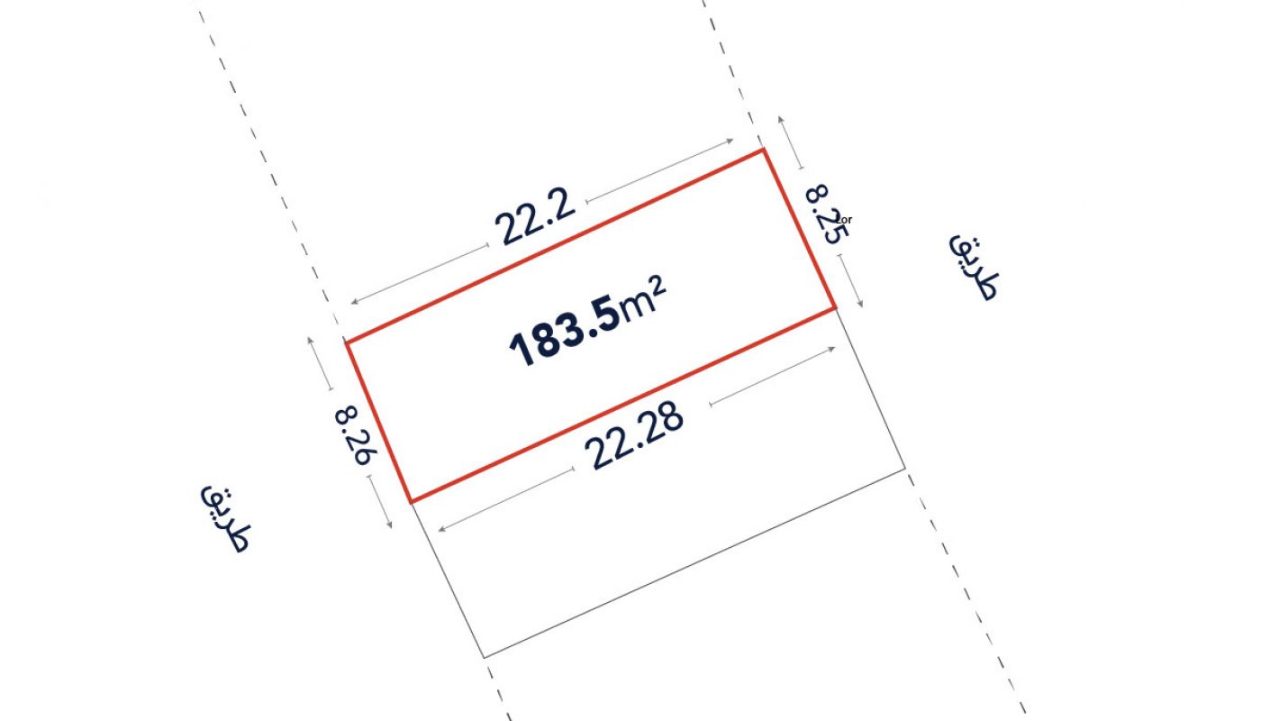Rectangular plot diagram showing area of 183.5 square meters, with side lengths 22.2 m and 22.28 m, and widths 8.25 m and 8.26 m, labeled with Arabic text for "street.
