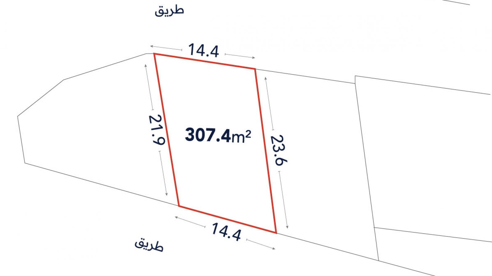 A plot diagram shows a land area of 307.4 square meters with labeled side lengths: 14.4m, 21.9m, 23.6m, and 14.4m. The word "طريق" indicates roads on two sides.