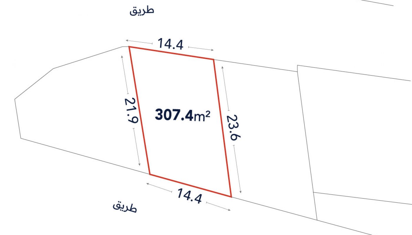A plot of land outlined in red with dimensions 14.4m, 21.9m, 23.6m, 14.4m and an area of 307.4 sq meters, bordered by roads on two sides.