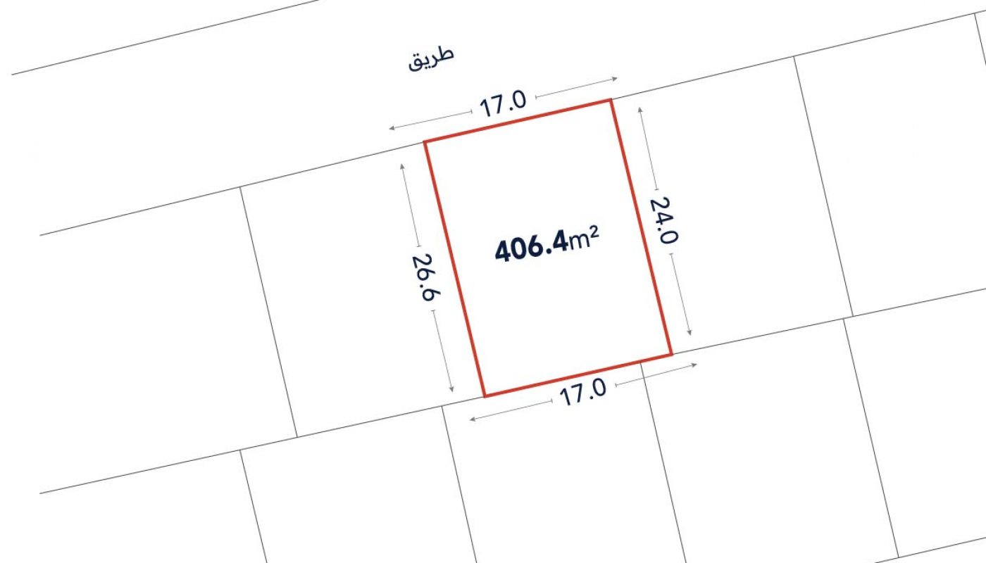 Plot map showing a rectangular land parcel outlined in red, labeled 406.4 m², with dimensions 17.0m x 24.0m x 17.0m x 26.6m, adjacent to a road labeled in Arabic.