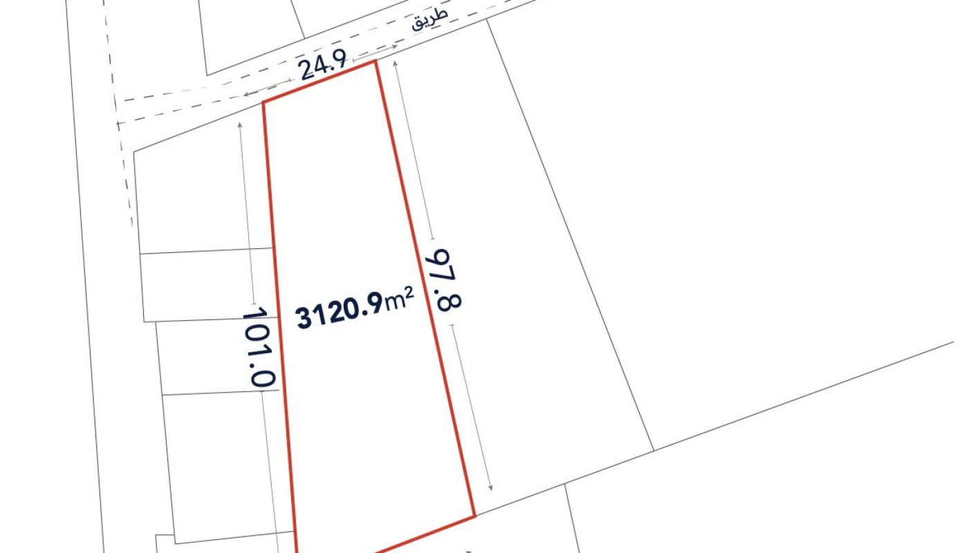 A plot diagram outlined in red with area labeled 3120.9 m²; dimensions shown as 24.9 m, 97.8 m, 39.5 m, and 101.0 m. Arabic text appears near the top.