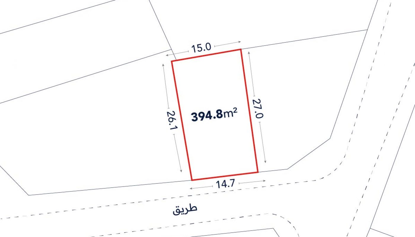 A rectangular plot of land measuring 394.8 square meters, with side lengths labeled 15.0m, 14.7m, 27.0m, and 26.1m, located at a street intersection.