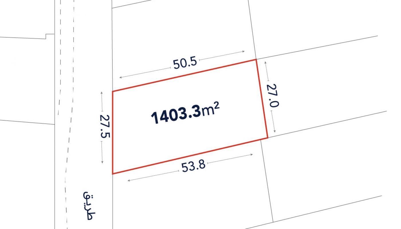 A plot of land outlined in red, labeled 1403.3 square meters, with dimensions 27.5m, 50.5m, 27.0m, and 53.8m; road marked on the left.
