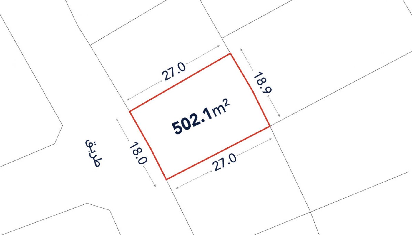 A rectangular plot of land outlined in red, measuring 502.1 square meters with side lengths labeled as 27.0 m, 18.9 m, 27.0 m, and 18.0 m. Arabic text appears on the left.