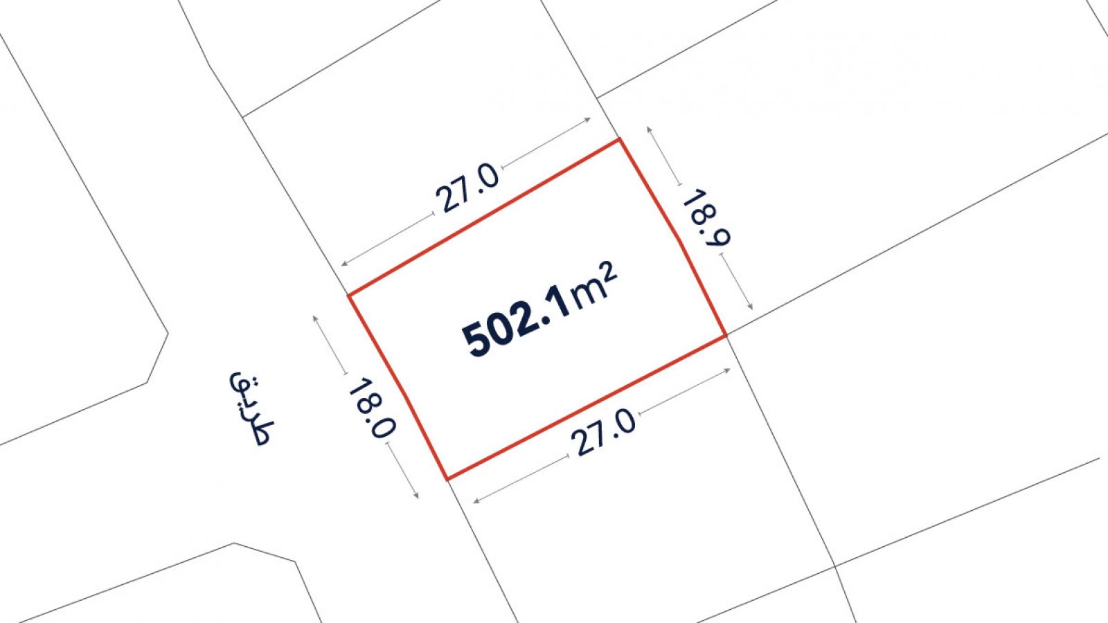 A rectangular plot of land outlined in red, measuring 502.1 square meters with side lengths labeled as 27.0 m, 18.9 m, 27.0 m, and 18.0 m. Arabic text appears on the left.
