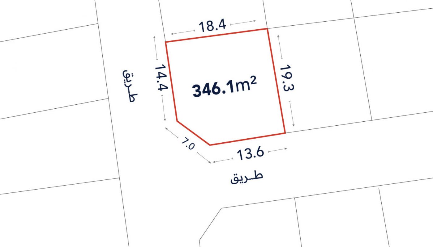 A land plot outlined in red with labeled side lengths and an area of 346.1 m², bordered by two streets labeled "طريق".
