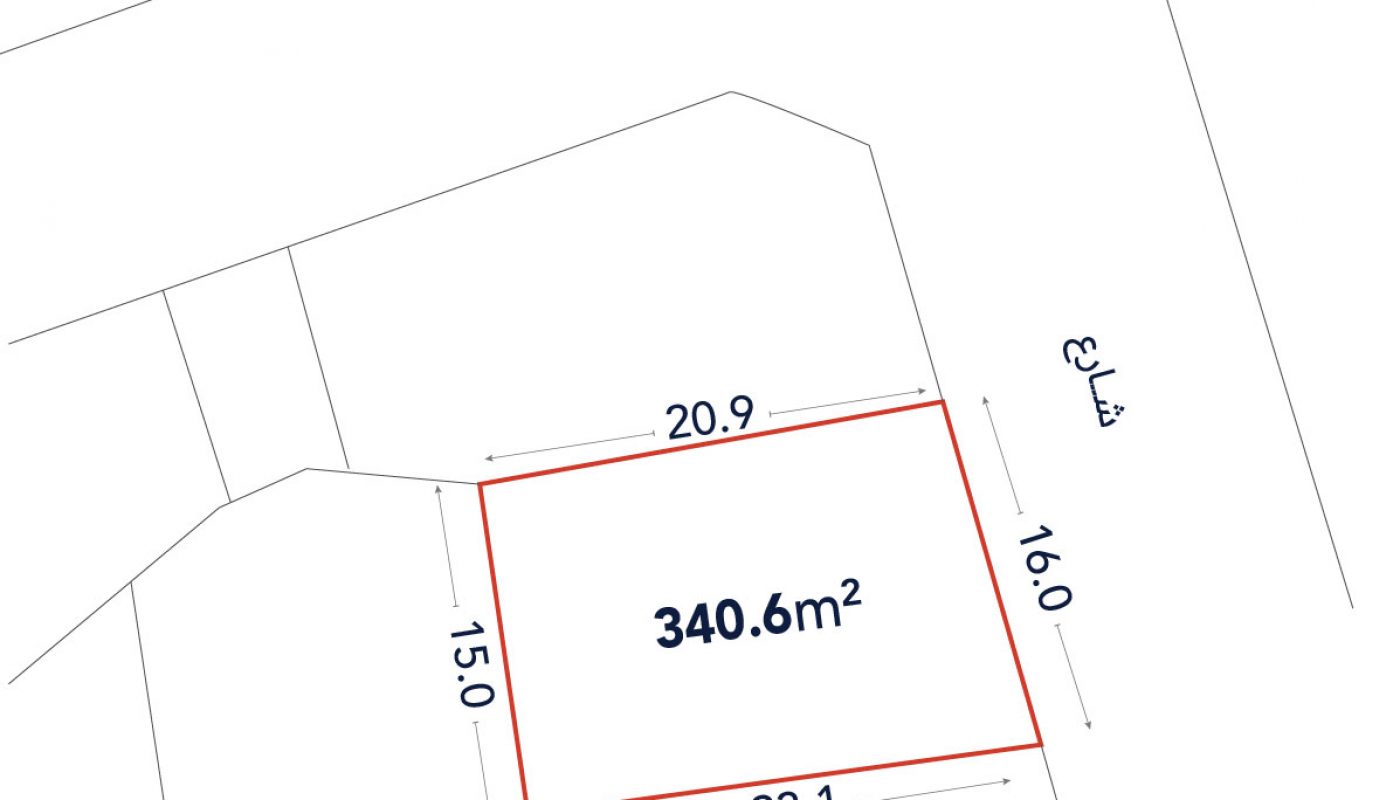 A rectangular plot outlined in red is labeled 340.6 m², with side lengths marked as 20.9, 16.0, 23.1, and 15.0 meters. Arabic text is visible near one edge.