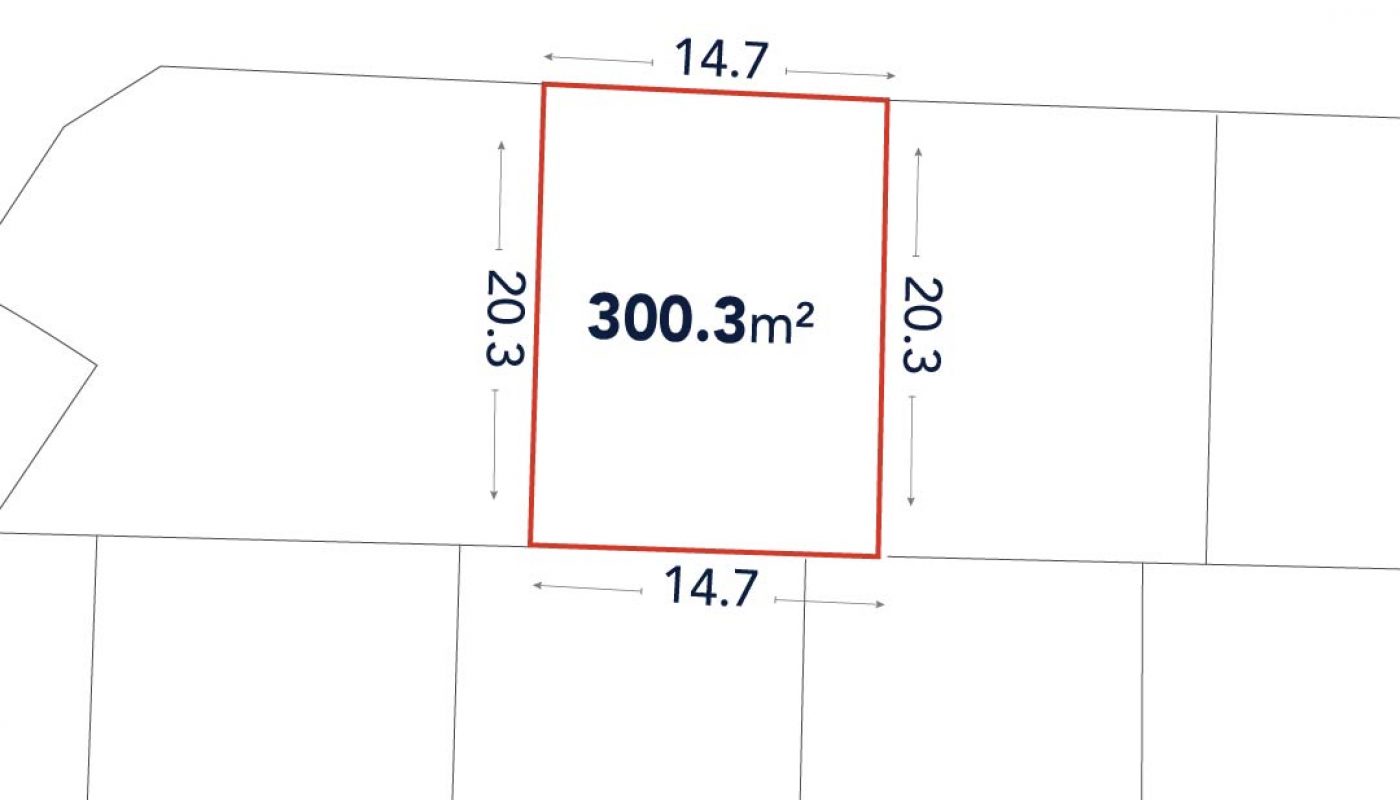 A rectangular land plot diagram with dimensions 14.7 meters by 20.3 meters, area labeled as 300.3 square meters, adjacent to a road at the top.